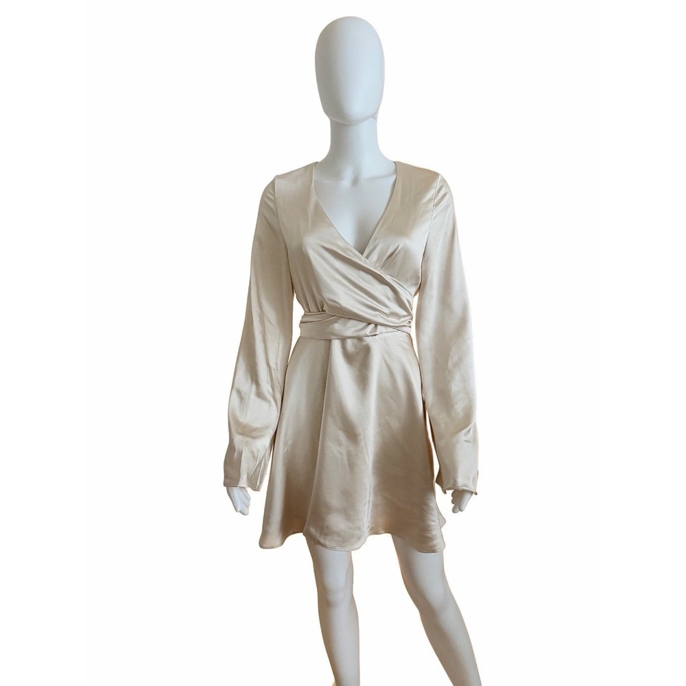 Showpo Champagne Tie Front Minidress Satin Long Bell‎ Sleeves Size 6